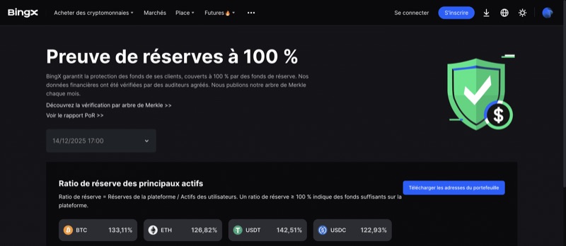 BingX Proof of Reserves (PoR) report confirming 100% collateral ratio for user assets (BTC, ETH, USDT, USDC)