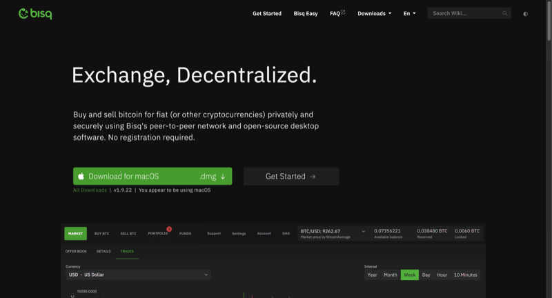 Bisq software homepage showing macOS download interface and preview of the Peer-to-Peer (P2P) decentralized trading terminal.