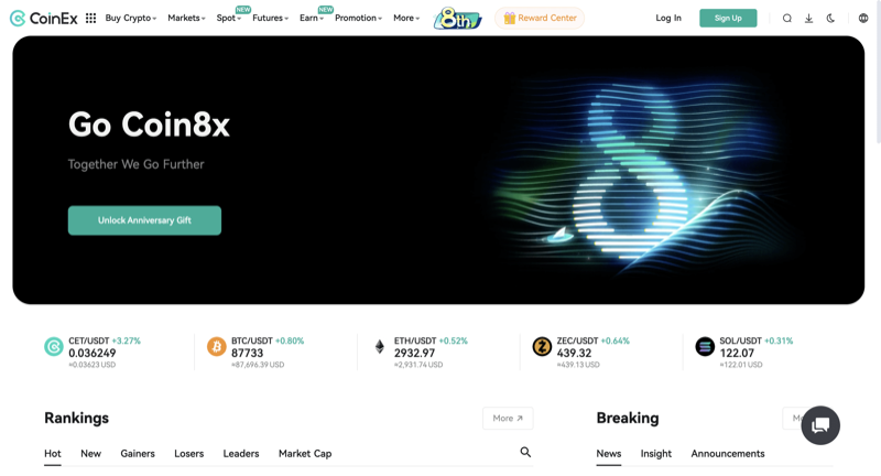 CoinEx platform homepage showing live prices for Bitcoin (BTC), Ethereum (ETH), and Solana (SOL), plus market rankings sections.