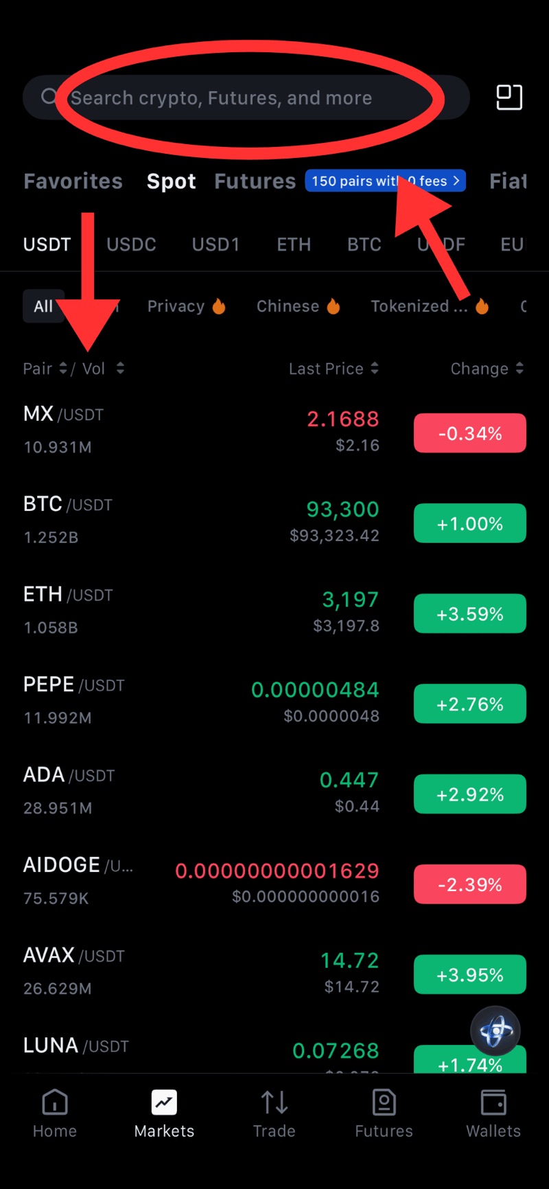 Internal crypto exchange search tool to find specific trading pair