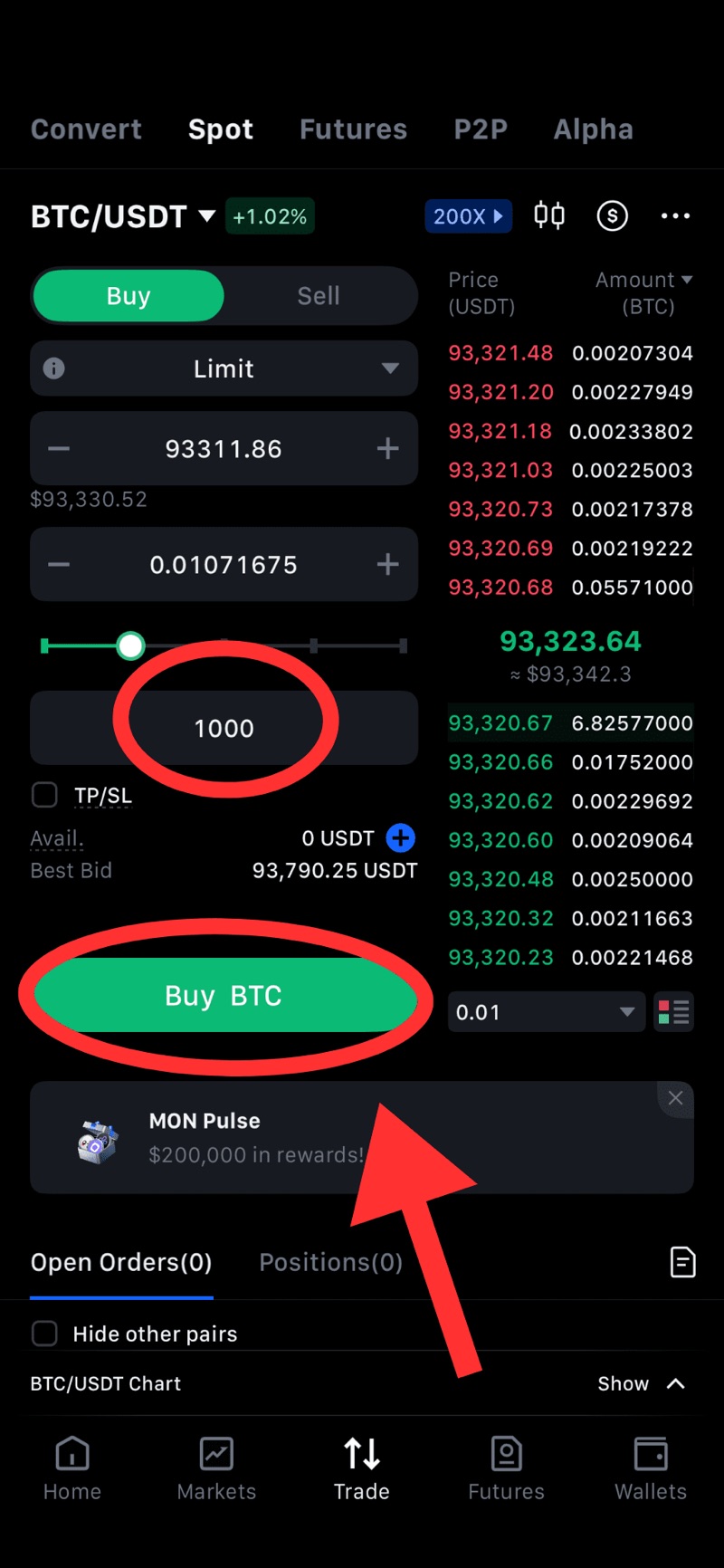 Spot trading interface on MEXC showing 1000 USDT amount and green Buy BTC button