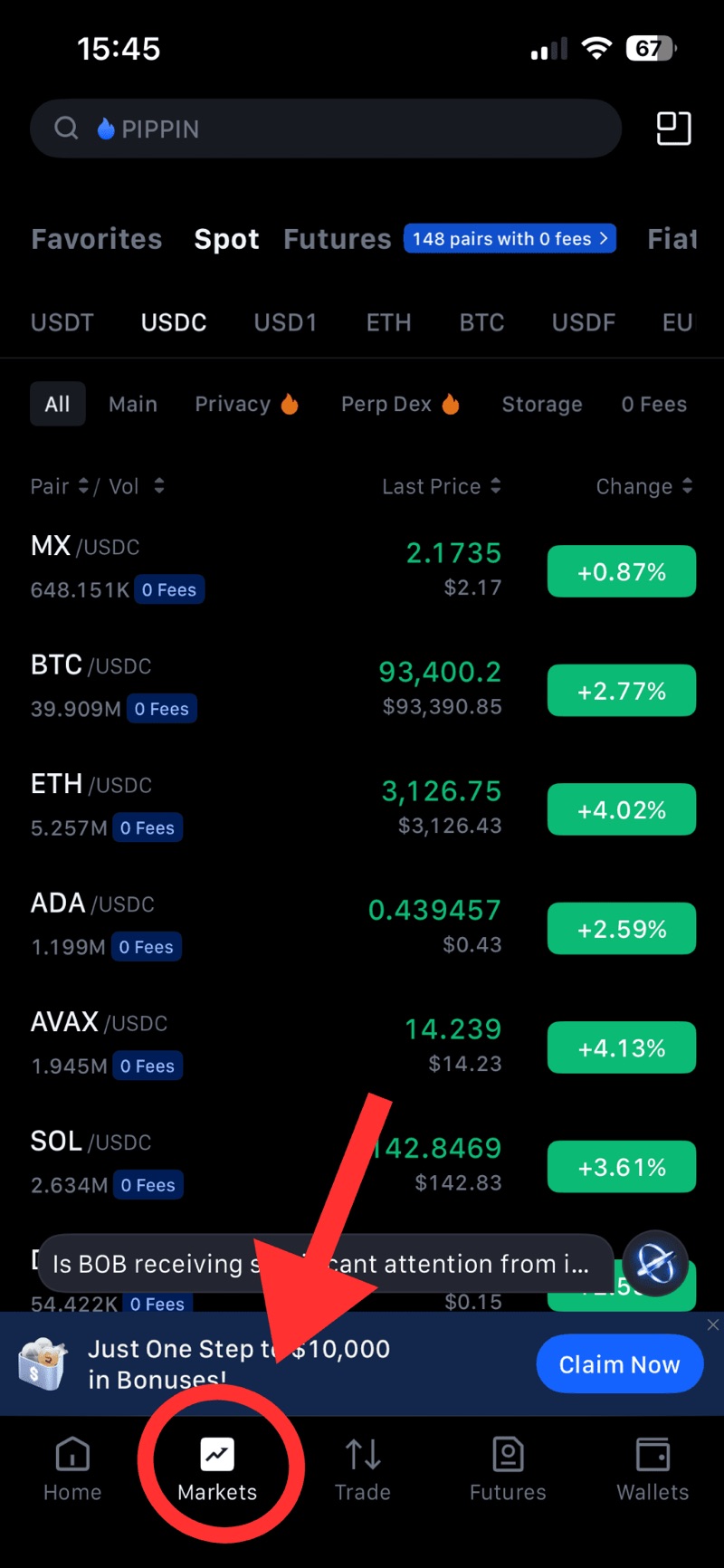 Cryptocurrency list on MEXC app with Markets tab highlighted at bottom of screen