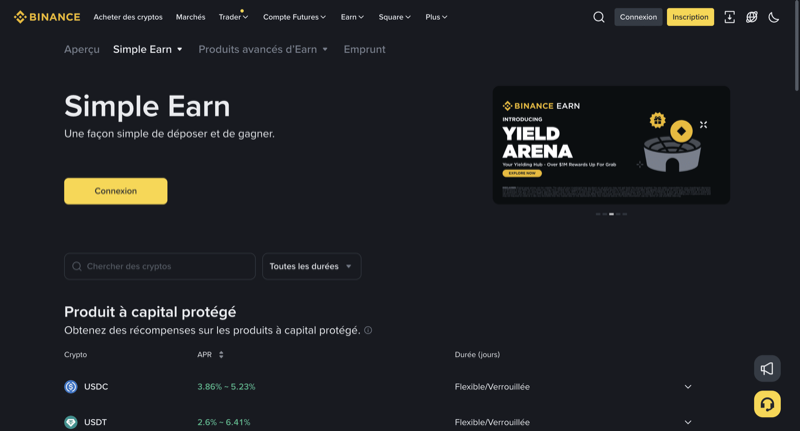 Binance Simple Earn interface showing capital-protected crypto savings options for USDC and USDT