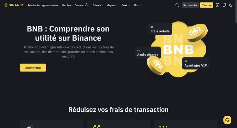 Presentation of BNB token benefits on Binance