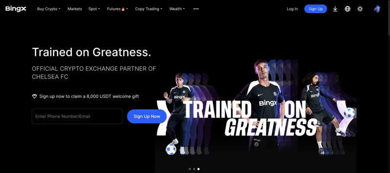BingX homepage interface: Official Chelsea FC partner with welcome bonus