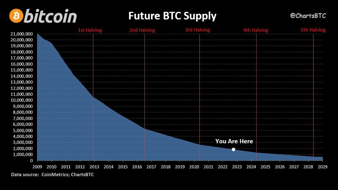 Chart of Bitcoin's monetary emission showing supply reduction at each Halving