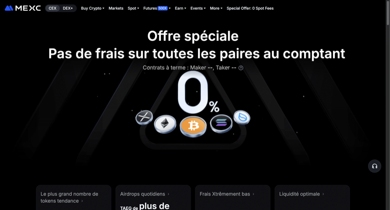 MEXC crypto trading platform interface showcasing CEX, DEX, spot market and futures contracts services.