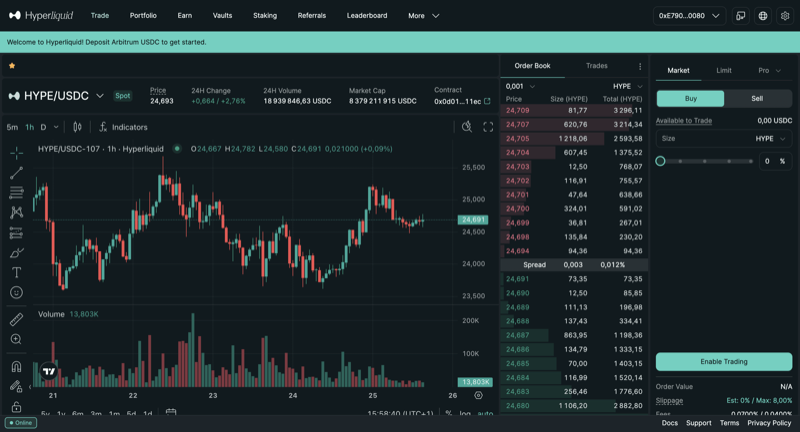 Hyperliquid decentralized exchange (DEX) trading interface displaying real-time order book