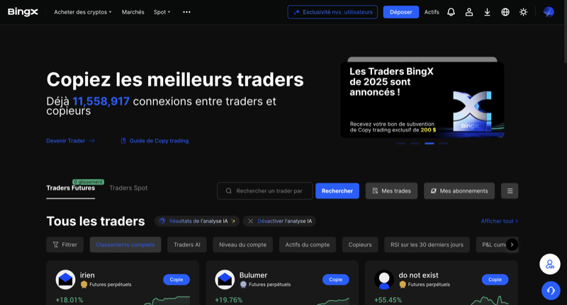 BingX Copy Trading interface showing rankings of top Futures and Spot traders