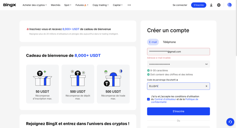 BingX account creation form with 8,000 USDT welcome offer and referral code