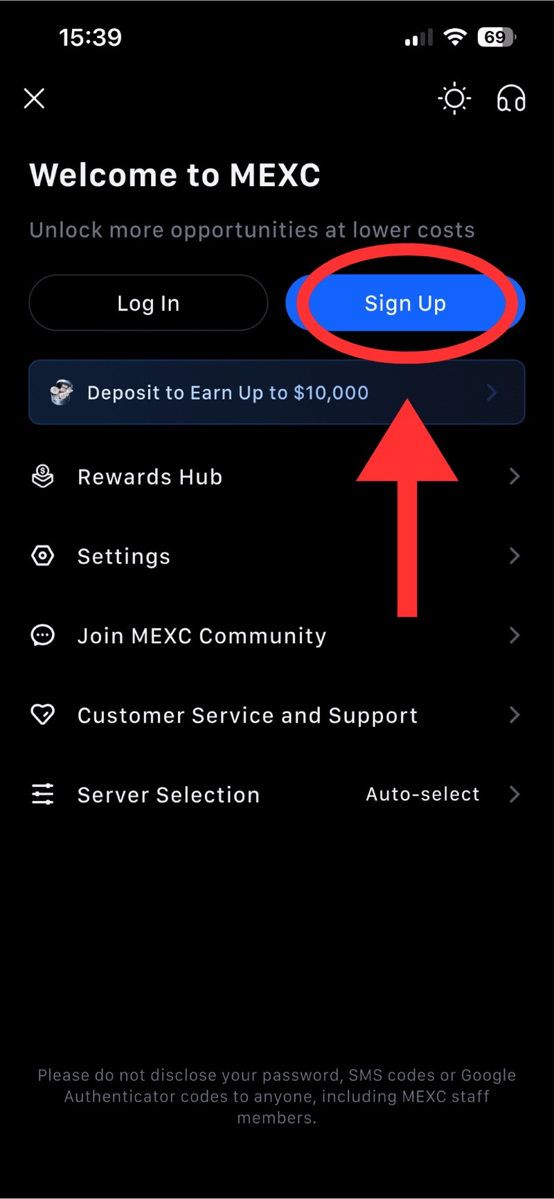 MEXC mobile app home screen with Sign Up button highlighted in red for registration