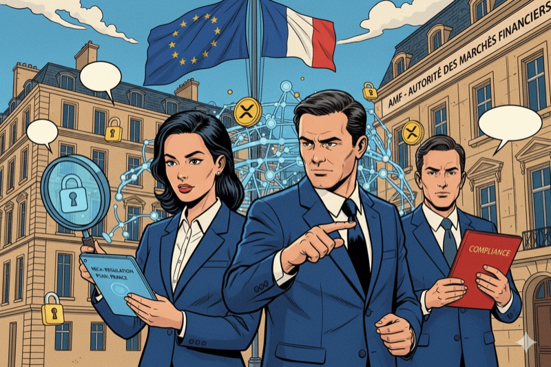 Illustration showing financial experts in front of the AMF and European and French flags, analyzing documents on MiCA and VASP regulations with secure blockchain symbols.
