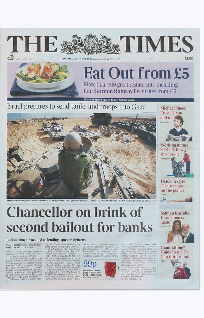 Front page of The Times newspaper from January 3, 2009, cited in Bitcoin's Genesis Block