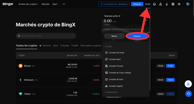 "Assets" dropdown menu on BingX showing the blue "Deposit" button to fund spot or trading account