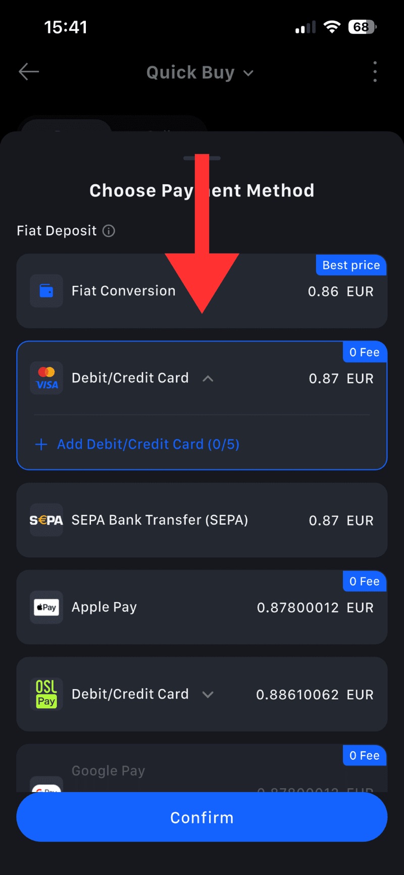 Payment method selection menu on mobile app