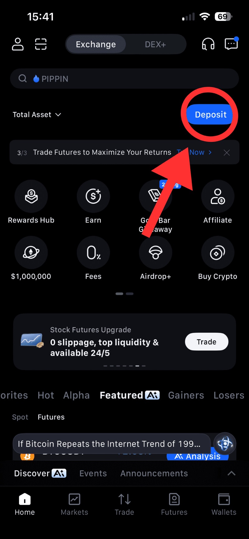 MEXC app dashboard with Deposit button highlighted to add funds
