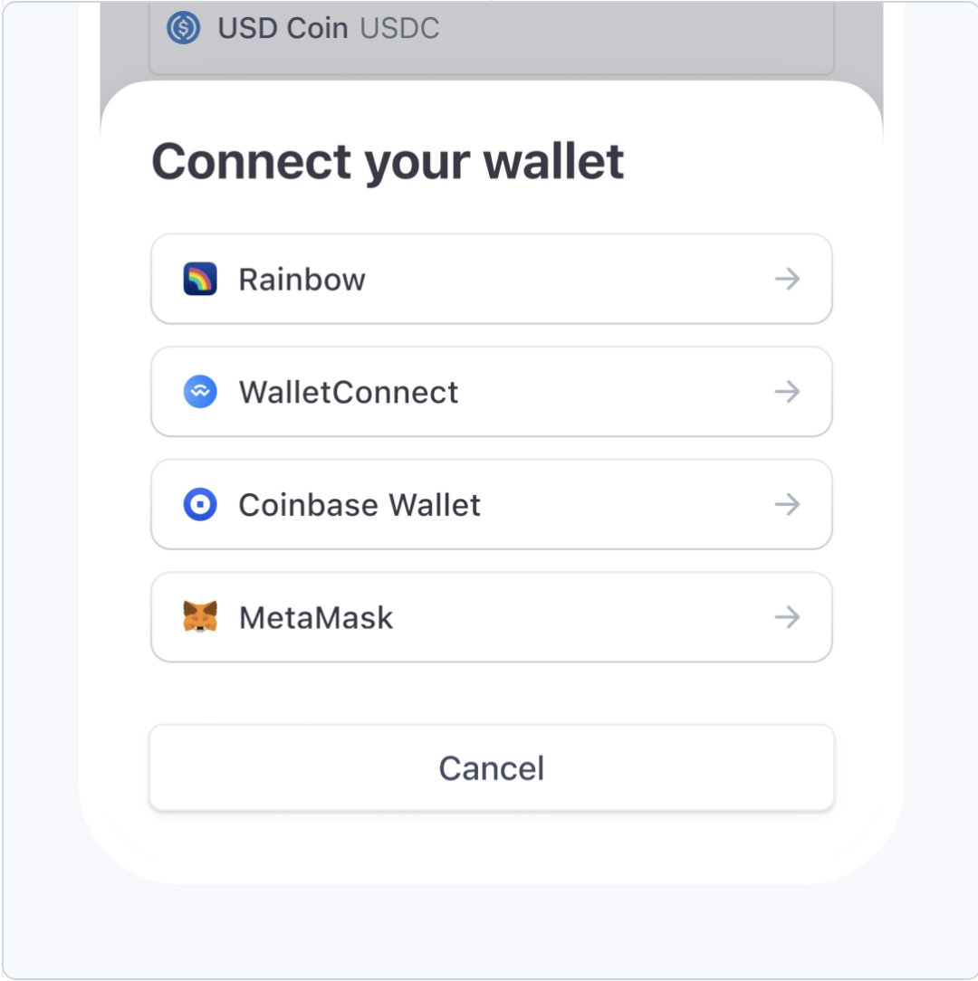 Stripe wallet connection window — Rainbow, WalletConnect, Coinbase Wallet and MetaMask