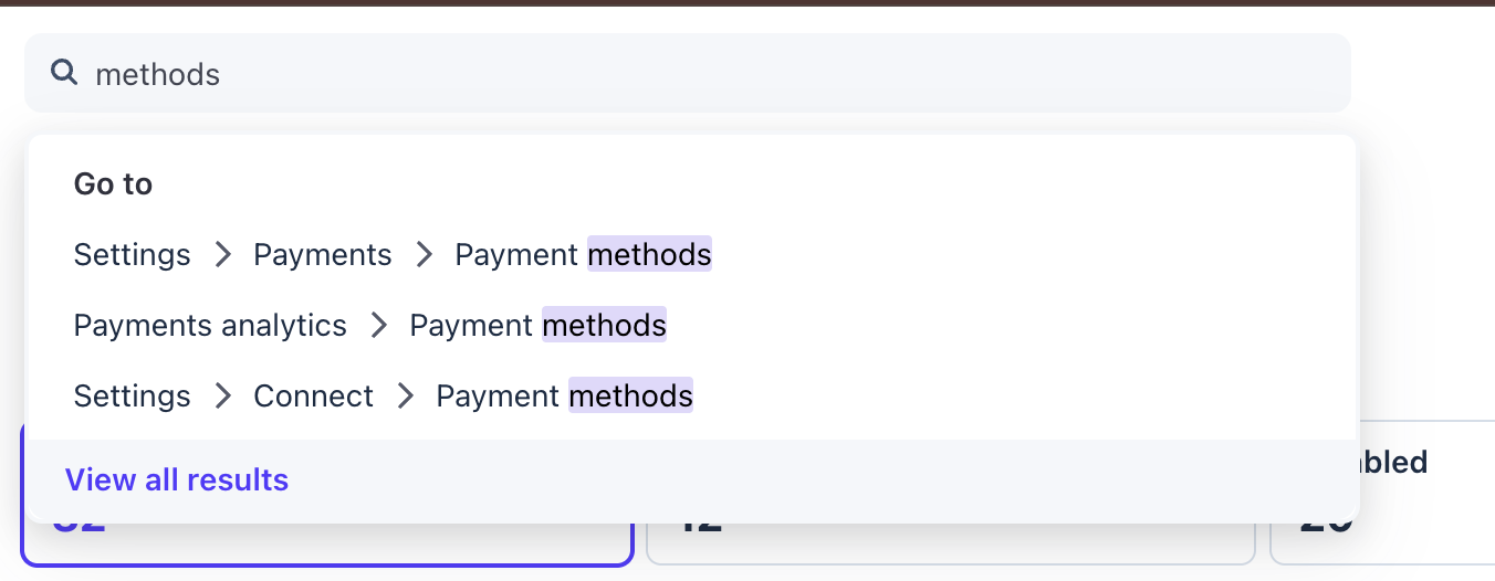 Stripe Dashboard search bar to find the Payment methods section
