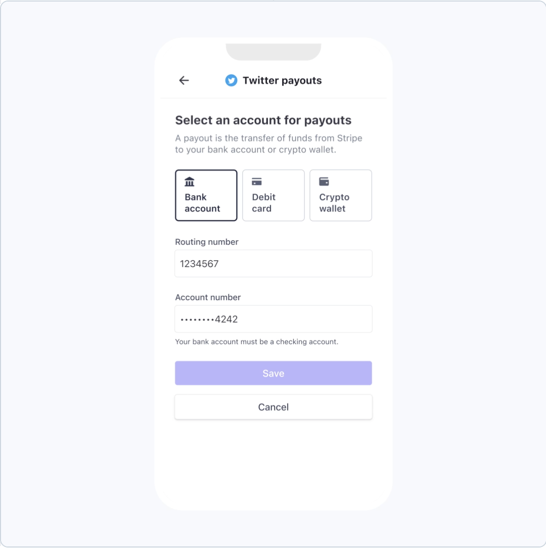 Stripe payout settings — bank account option selected for fiat settlement