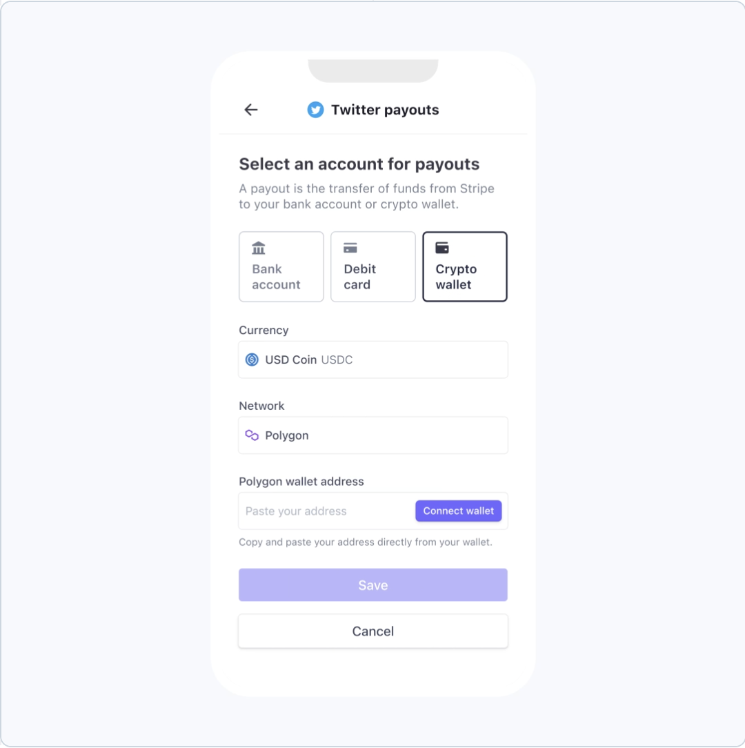 Stripe payout settings — Crypto wallet option with USDC on Polygon
