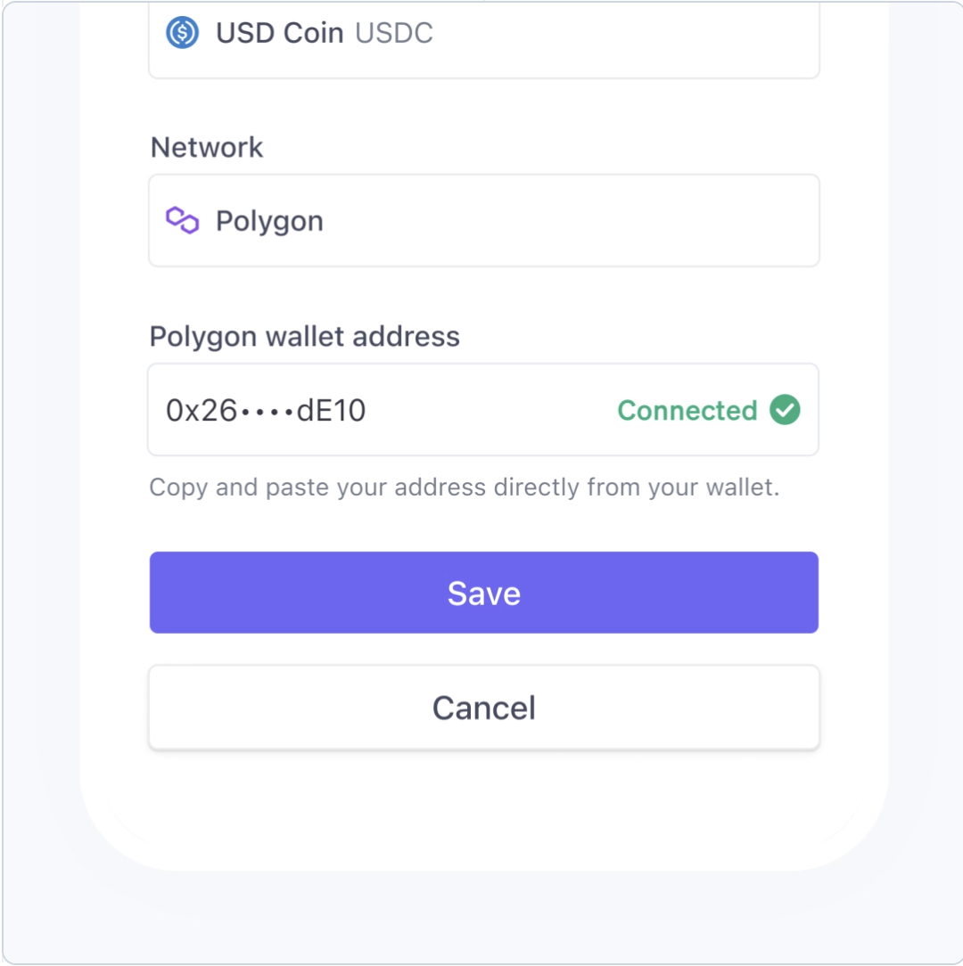 Polygon wallet successfully connected to Stripe — verified address